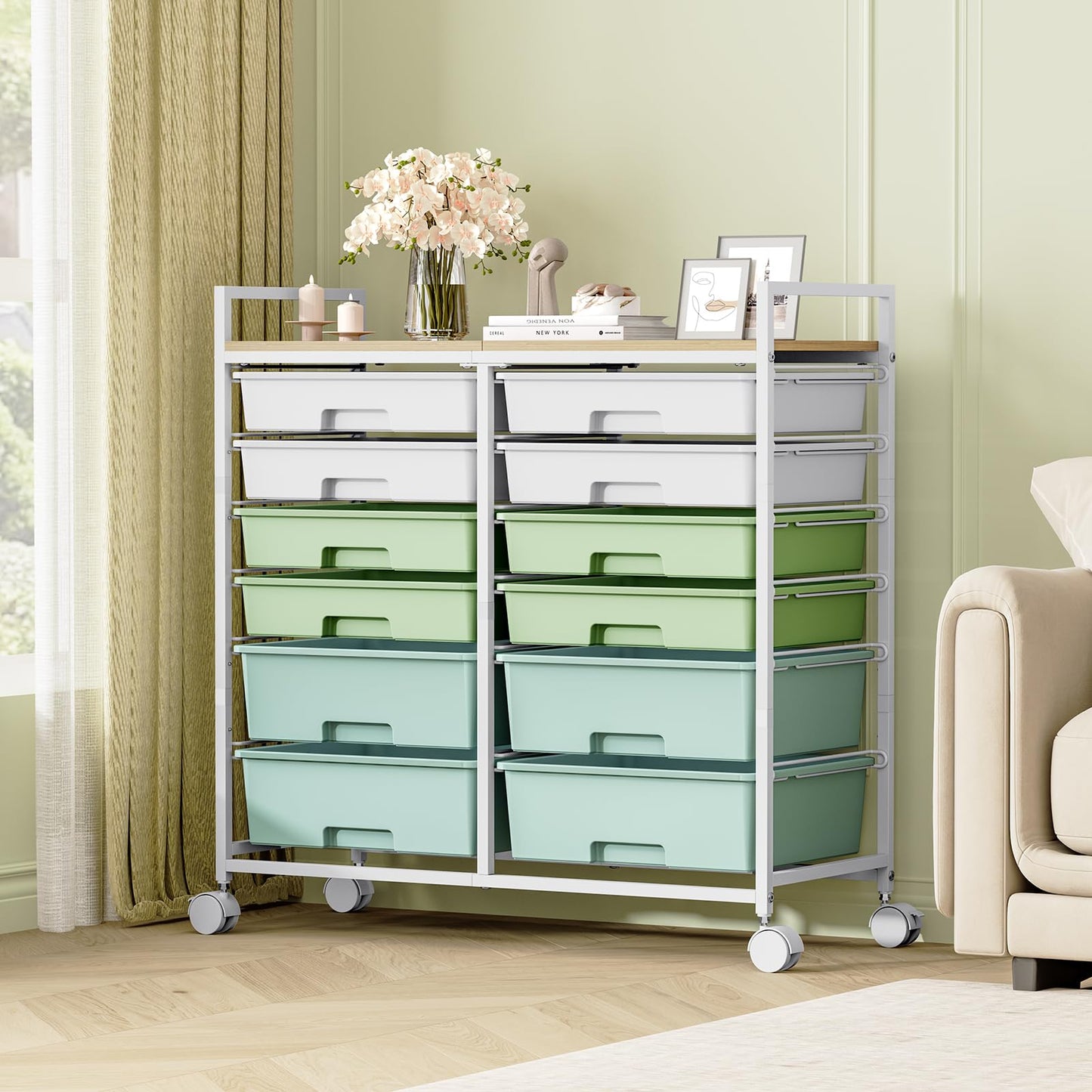 Rolling Storage Cart with 12 Drawers, Wooden Tabletop Utility Cart for Craft Storage, Art Supply Storage & Home Office Organization, Teacher Cart with Wheels for Classroom Organization, School (Green)
