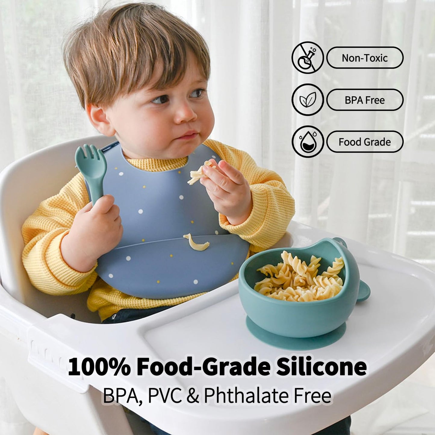 Little Rawr Baby Led Weaning Bundle, 100% Silicone Baby Feeding Set Includes Divided Plate, Suction Bowl, Straw Cup, Bib, Spoon & Fork, Develops Self Feeding Skills, Dishwasher Safe (Green)