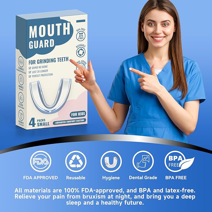 Blue Kids Mouth Guard for Clenching Grinding Teeth,4 Pack Comfortable Night Guard,Moldable Child Bite Guard for Clenching Teeth,Mouthguard for Kids