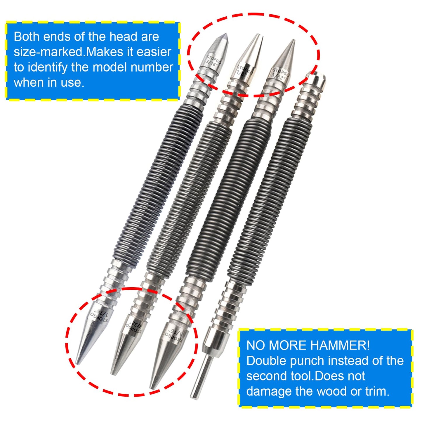 LSTOPGO Spring Nail Set with Size Marked,Spring Loaded Center Punch,4pcs Dual Head Nail Setter,Hammerless Door Hinge Pin Removal Tool（1/8-in, 3/32-in, 3/16-in, 1/16-in, 1/32-in, 1/8-in）