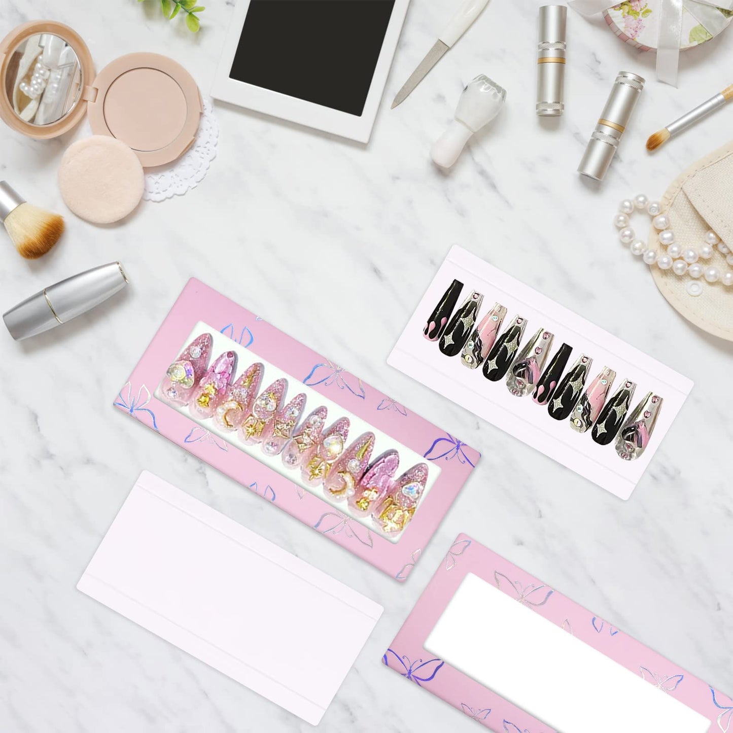 HLQHXWHZT 71 Pcs Include 35Pcs Empty Press on Nails Packaging Box 35 Pcs White Background Papers and 1 Double Sided Tape, Empty Nail Package Box Set for Press on Nail Business(Pink)…