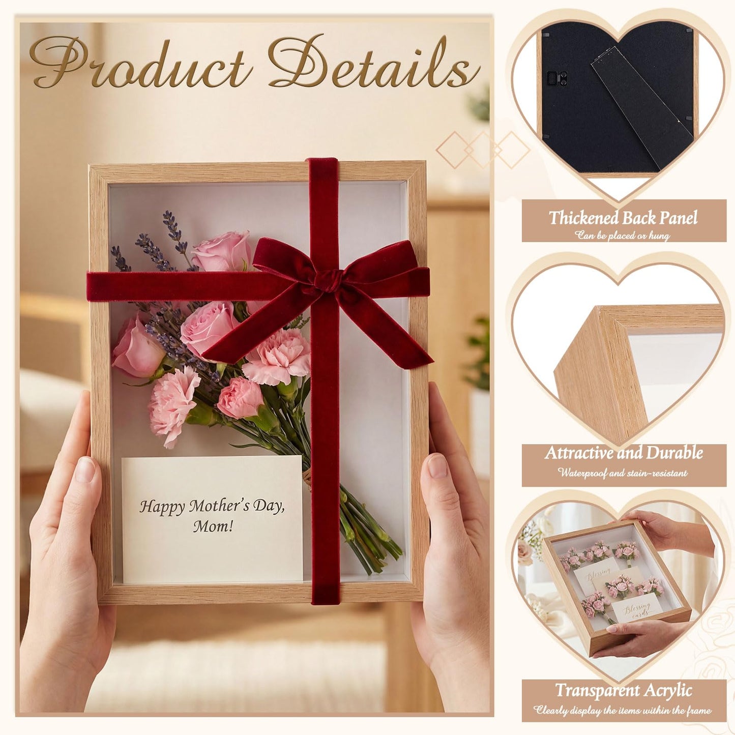 BrightRow 8"x10" Wedding Shadow Box Frame Flower Display Case Kit, DIY Wood Color Picture Gift Box with Lid Deep Glass Case Red Velvet Ribbon for Gift Wrapping Craft Bouquet Flower Keepsake Memory