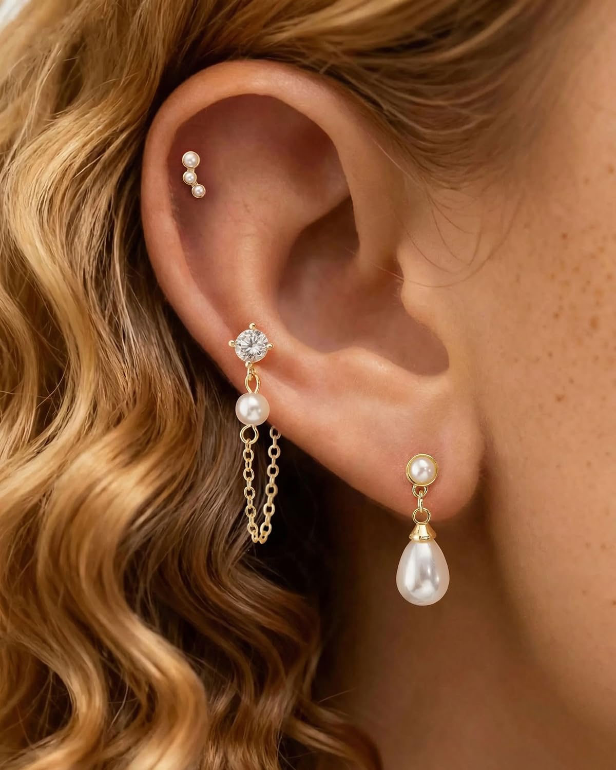 BSGRL Pearl Earrings - 14k Gold Plated Tiny Pearl Stud Earrings Set Cartilage Ear Stack for Women