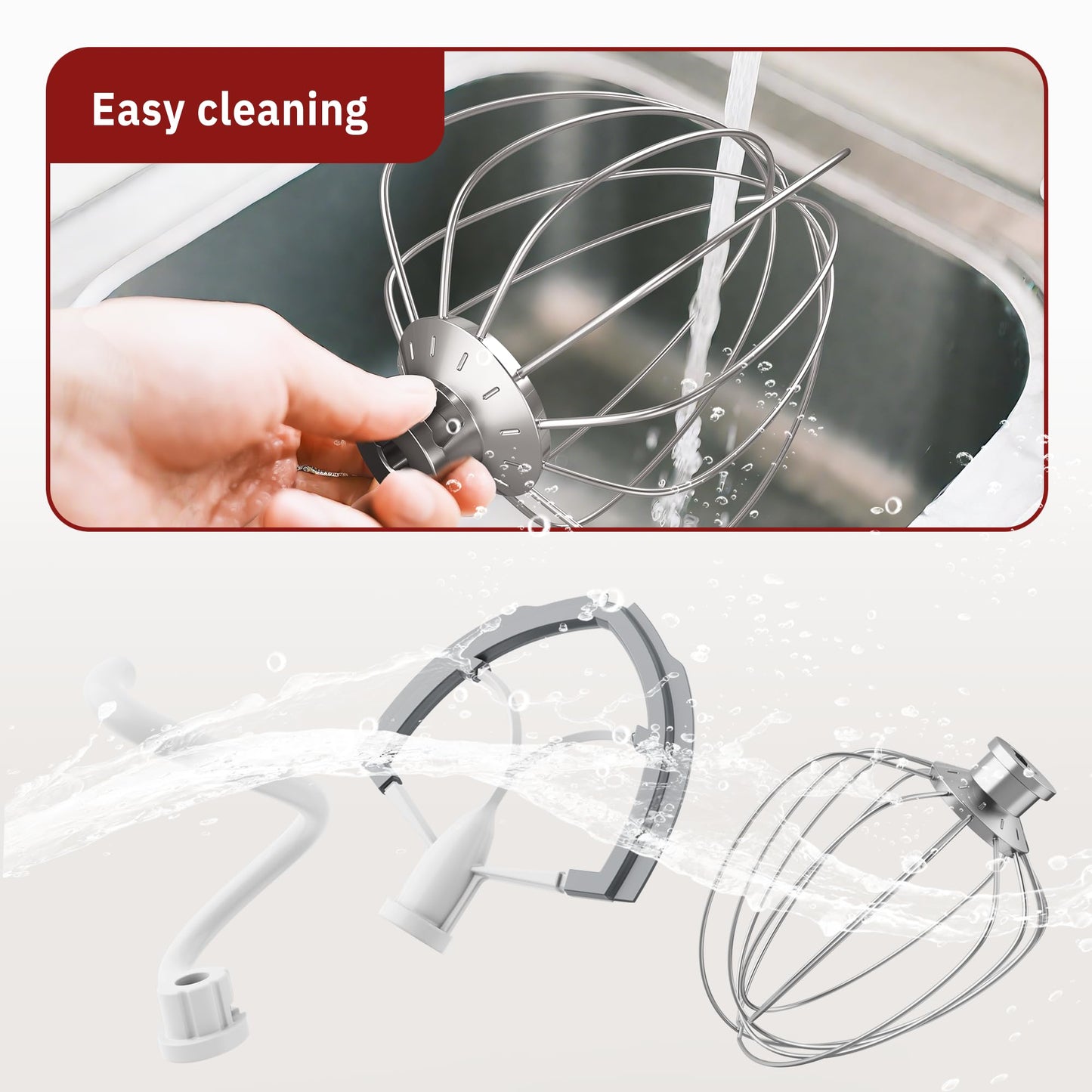Flex Edge Beater 3Pcs for KitchenAid Mixer Attachments and Accessories Compatible with 6 Quart Lifting Stand Mixers (KN256 6-Wire Whip, 6QT Flat Beater Paddle, 6QT Dough Hook Attachment)