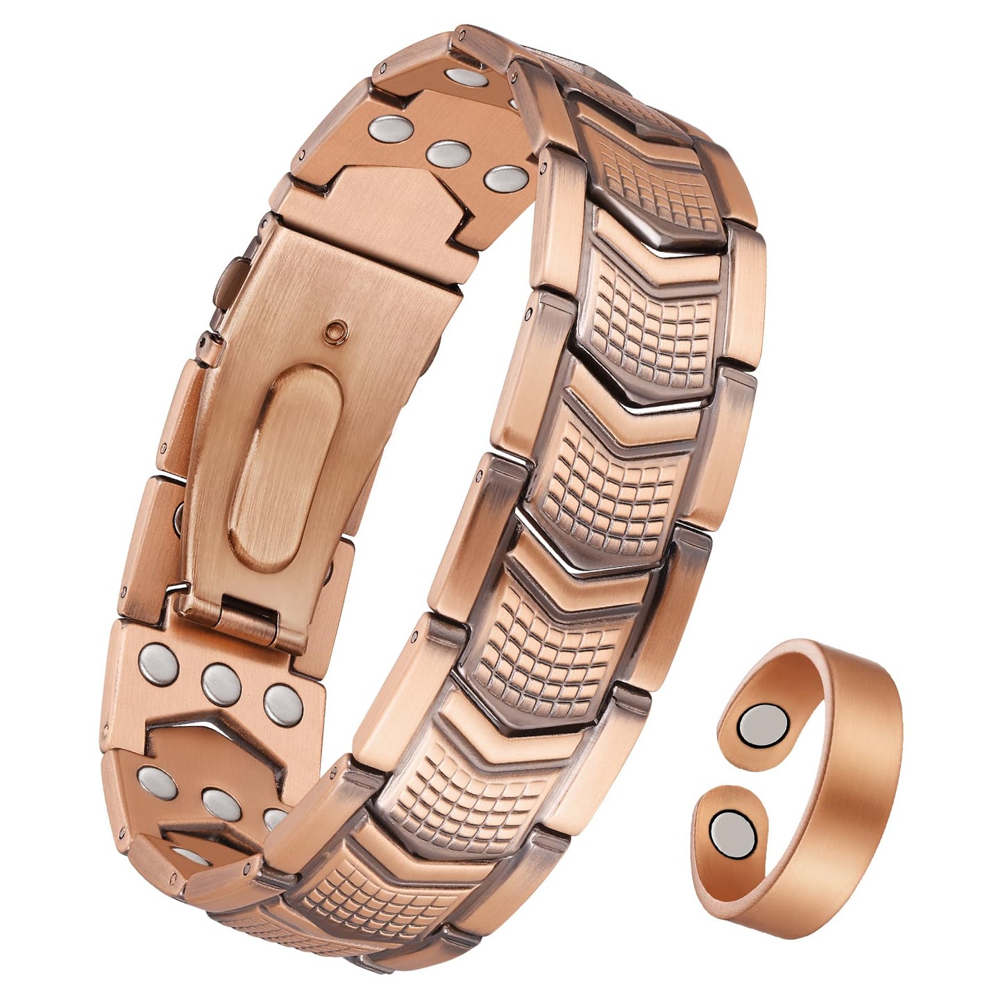 Jeracol 3X Strength Magnetic Copper Bracelet & Ring for Men - 99.9% Pure Copper Bracelet - Premium Fold-Over Clasp and Adjustable Length Sizing Tool & Jewelry Box