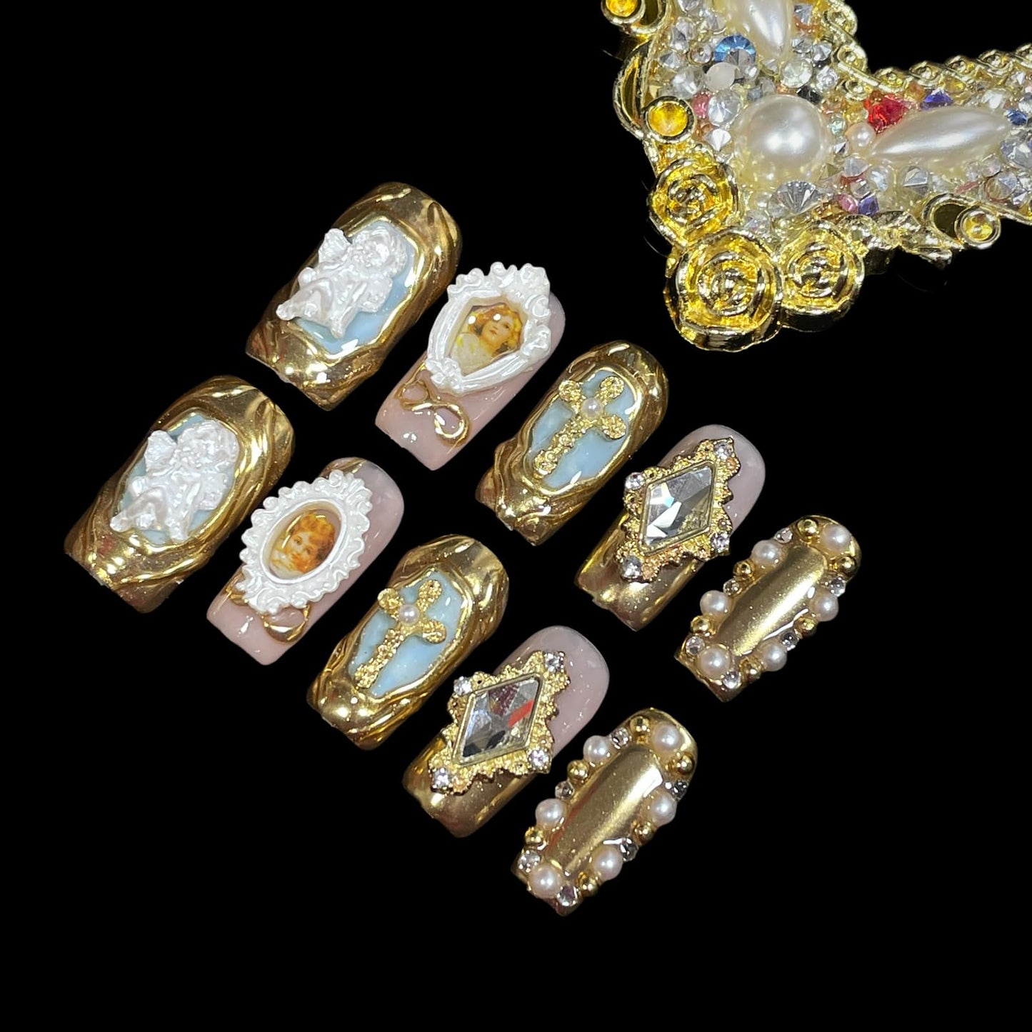 Handmade Press On Nails Luxury Baroque Gold Cross, Cherubs & Pearl Frames | Medium/Short Square | Reusable Thick Acrylic False Nails (Baroque, S)