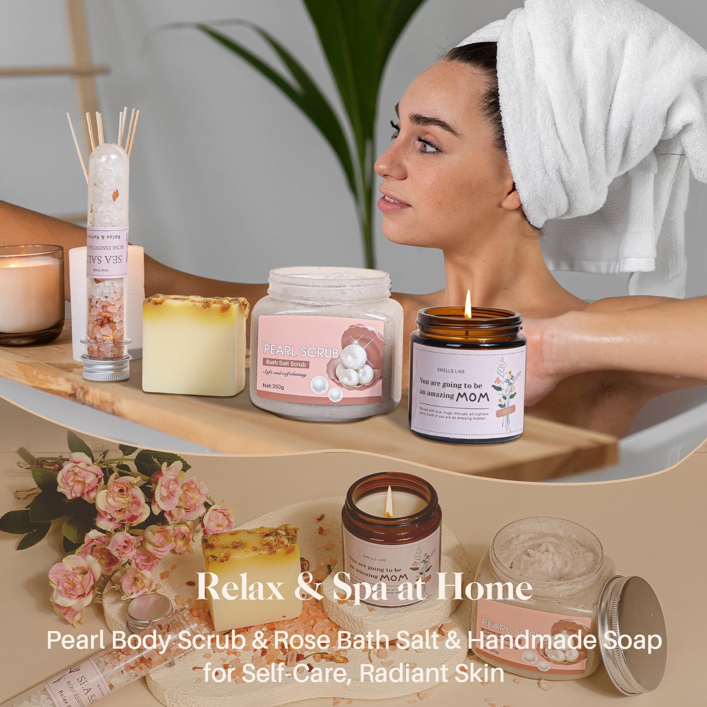New Mom Gift Basket | New Mom Care Package with Tote Bag, Mug | Spa & Relaxation Set with Rose Bath Salt, Scrub, Handmade Soap & Card – Thoughtful Postpartum Gift for Mommy