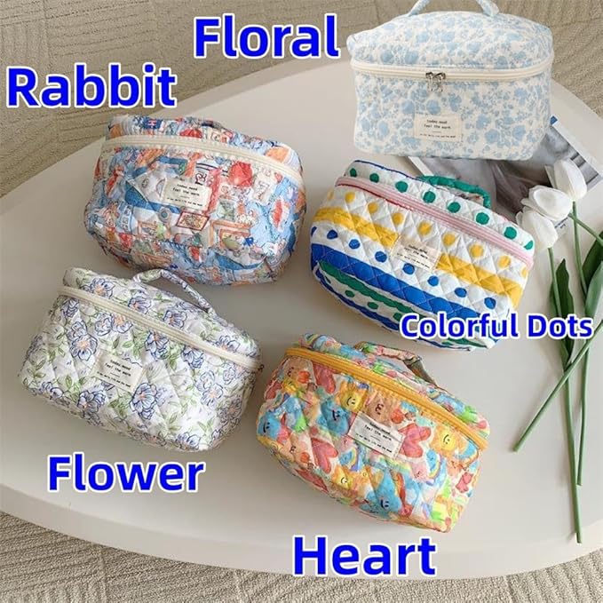 Makeup Bag Travel Essentials Quilted Cosmetic Toiletry Pouch Organizer Insert for Women Dorm Room Essential Gift Large Capacity Opening Lightweight Cute Aesthetic Portable 2PCS (Colorful Dots)