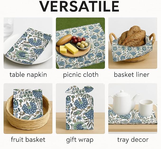 Napkins, Kitchen Towels, Table Decor, Table Linen, Cotton Cloth Border Napkins, Size 18"x 18", Hand Block Print Lunch, Dinner Napkins (Random Mix, Set of 4-18x18 Inch)