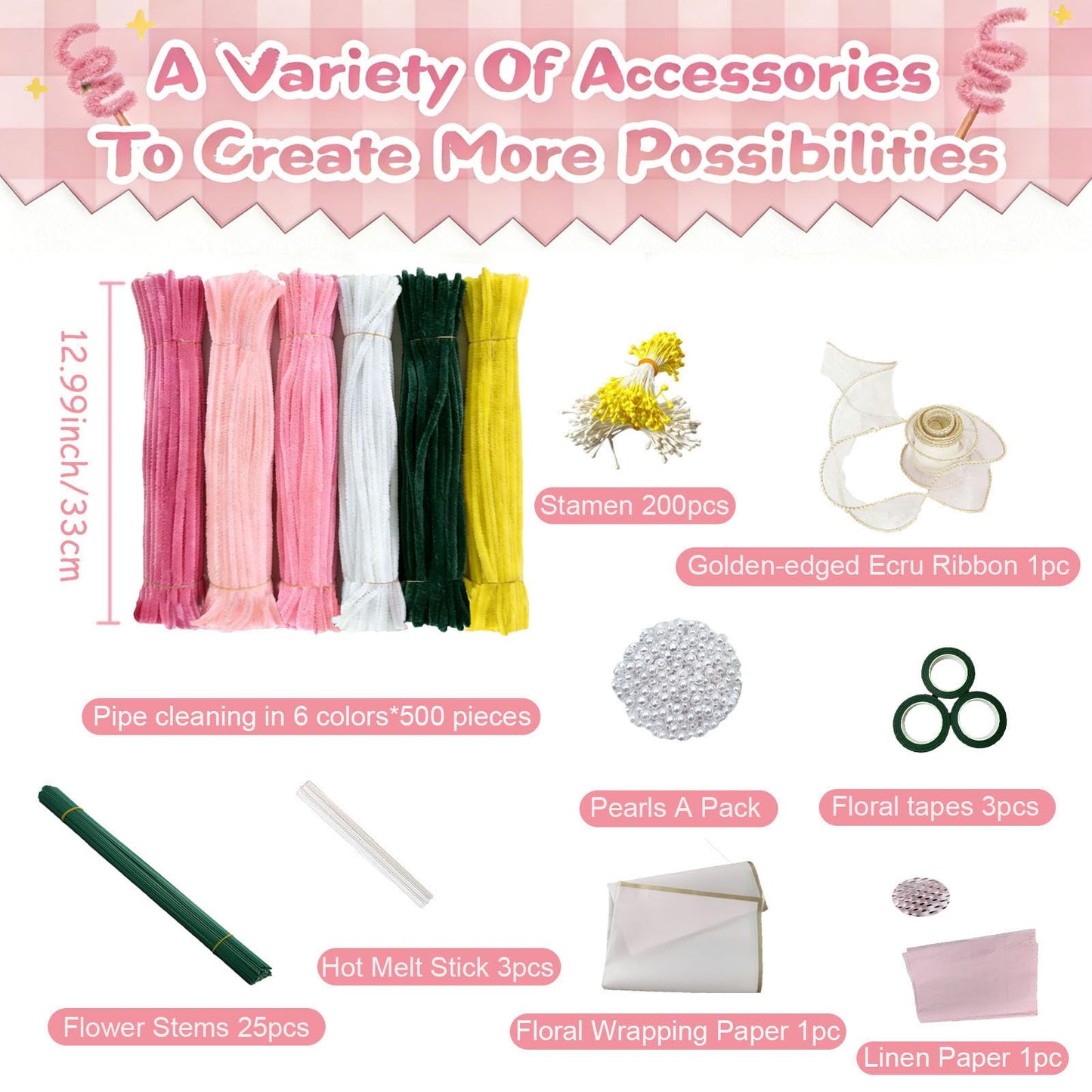 ZFTFZ 500+ Pcs Pink Pipe Cleaners Craft, Premium Chenille Stems Flower Making Kit with Wrapping Paper & Floral Tape, DIY Tulip Rose Bouquet Arts and Crafts Supplies for Adults Beginners Gifts
