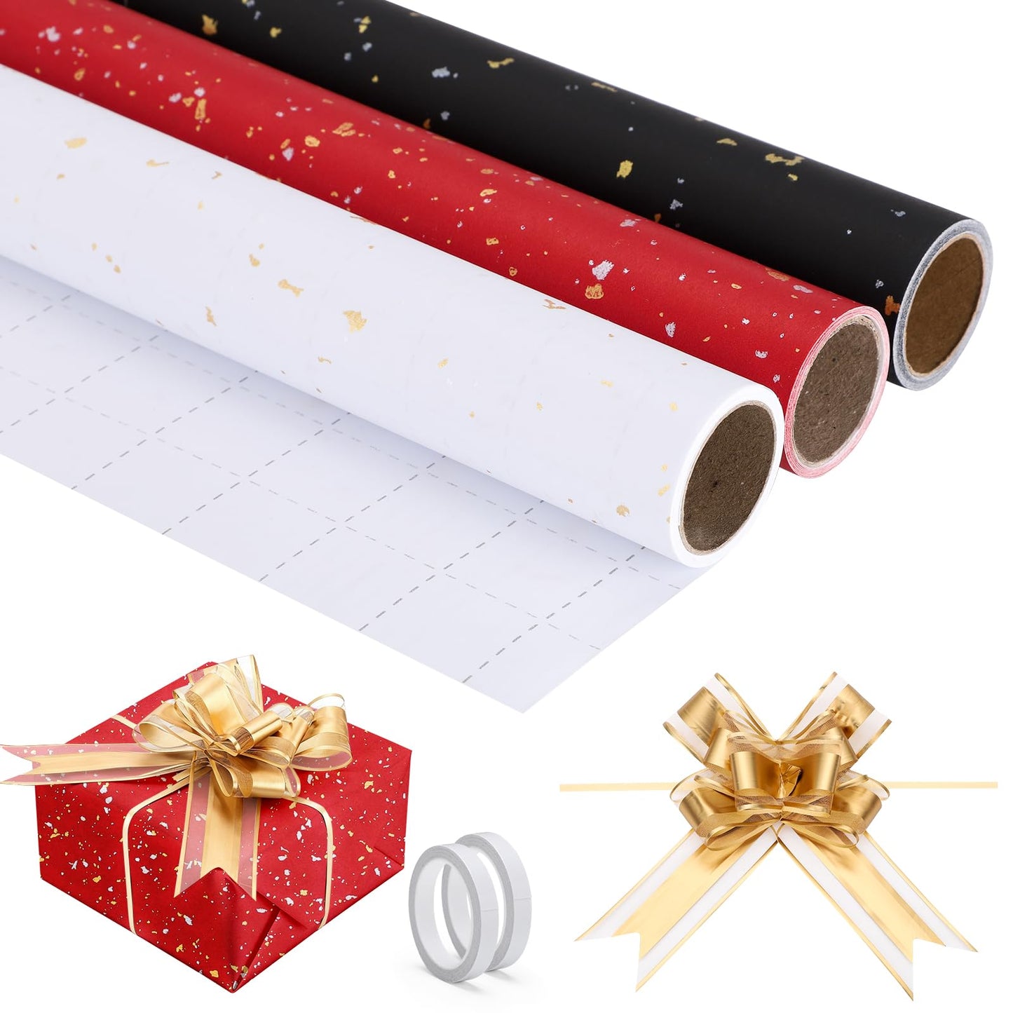 EUSOAR Gift Wrap Paper, 3 Rolls(17 in x 10ft Each) Red/Black/White Wrapping Paper with 10pcs Gold Pull Bows, DIY Gifts Wrapping Paper Crafts Bouquet Packaging Supplies for Wedding Birthday Party