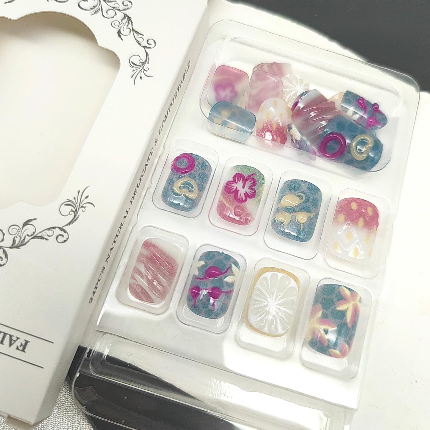 Summer Press on Nails Short Square Fake Nails with 3D Lemon Heart Flower Designs Pink Nails Press ons Blue Pink Glue on Nails Glossy False Nails Cute Stick on Nails for Women 24Pcs