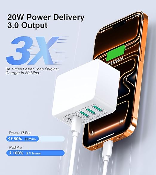 USB C Charger Block Thin Flat 50W 5-Port Wall Charger 2-Pack Type C Fast Charger Cube, PD&QC Wall Plug Power Adapter Compatible for iPhone 14/15/16/17, iPad, Airpods, iwatch, Samsung