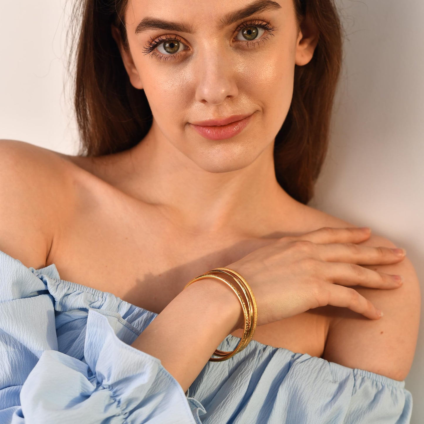 Kainier 3mm 14K Gold Plated Bangle Bracelets 3mm Elegant Thin Round Bangles for Women Stackable Solid Bracelets Sets Ideal Gift for Love (Gold B, 8.0 Inches)
