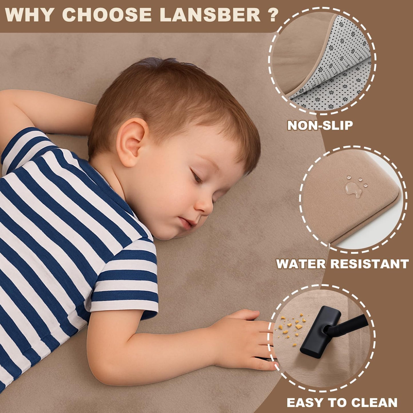 Lansber Thick Padded Baby Floor Play Mat 1.2" Cushioned Velvet Surface Non Slip Bottom High Density Foam Safe and Soft Floor Mat for Infants Toddlers and Playpen Use (Lightbrown, 50X 50)