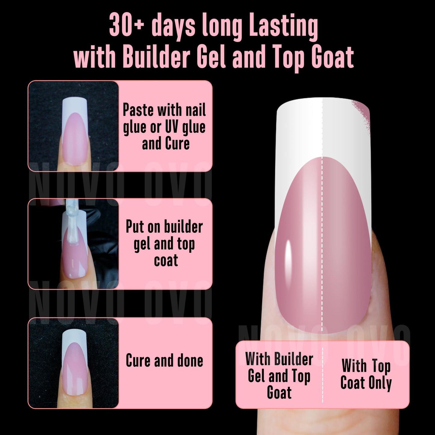 NOVO OVO Halloween Medium Slightly Curved White French Tip Nail Tips BERRY PINK Full Cover for Press on Acrylic, Extra Thick Soft Gel False Nails, Need Builder Gel Top Coat for DIY x 15 Sizes 240 pcs