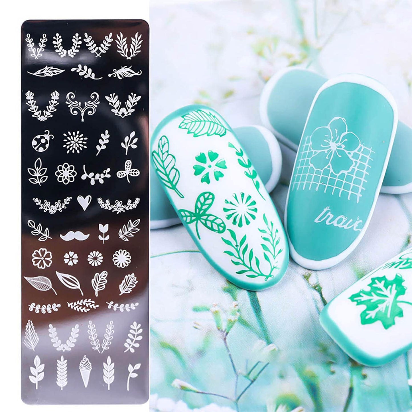 Nail Stamping Plate, DANNEASY 6 Pieces Nail Art Image Stamp Nail Template Kit With Nail Stamper, Scraper, Storage Bag (Nature Style)
