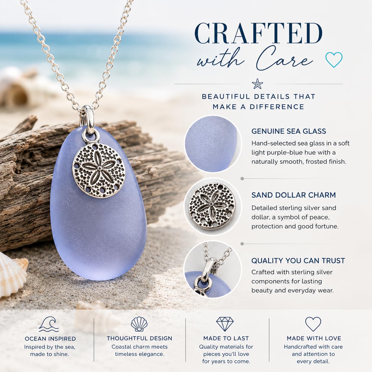 Sterling Silver Sand Dollar Necklace with Blue Sea Glass – Beach Jewelry for Women – Ocean Pendant Gift – Adjustable 18–20" Chain