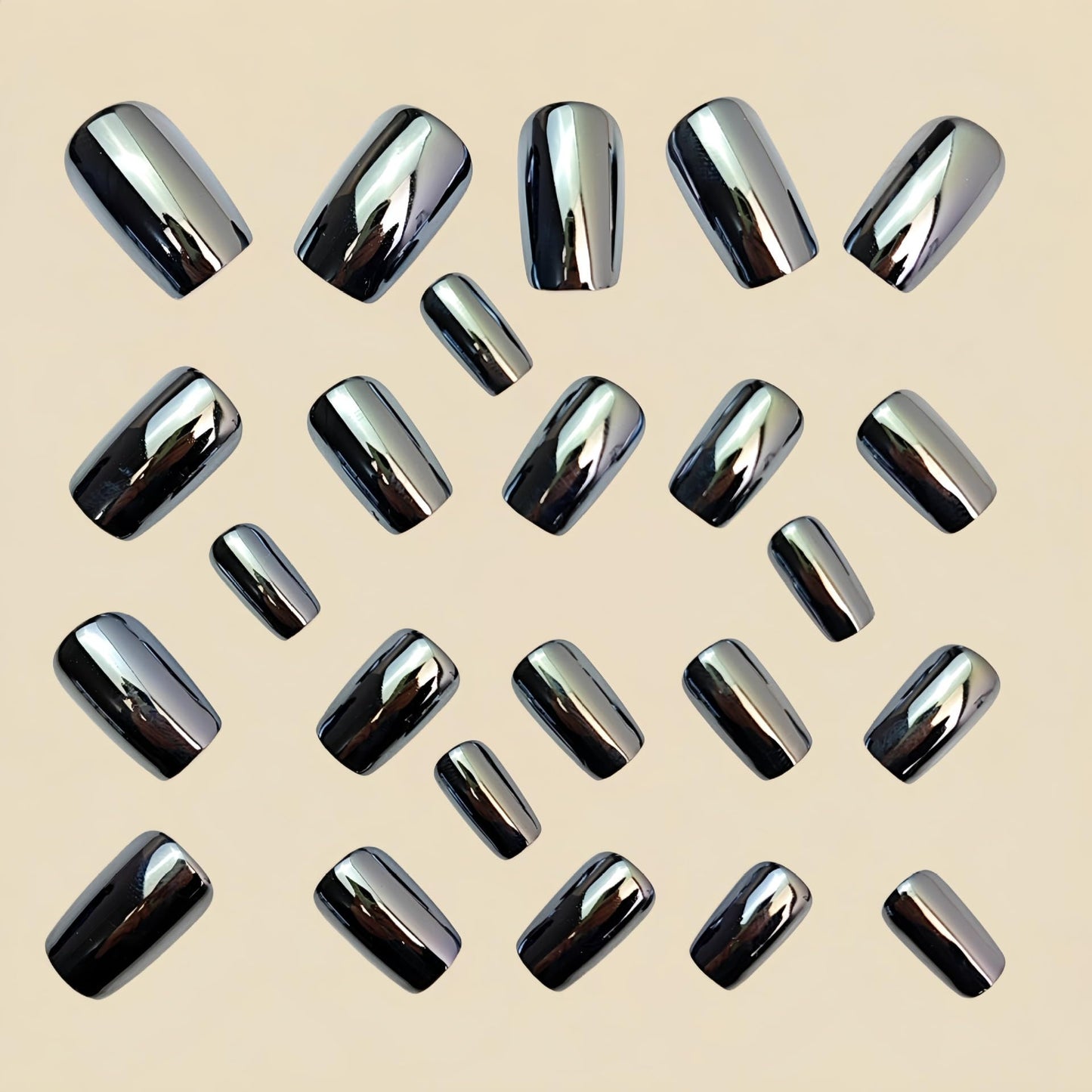 Black Press on Nails Medium Square Fake Nails Metallic Mirror Chrome False Nails Glossy Shiny Full Cover Glue on Nail Artificial Stick on Nails - 24Pcs Acrylic Nail Kit for Women Manicure