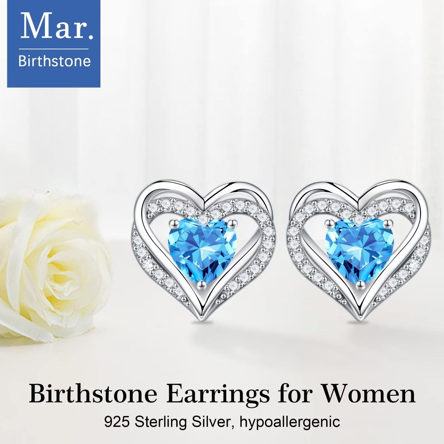 Iefil Earrings for Women, 925 Sterling Silver March Birthstone Blue Aquamarine Heart Stud Earrings for Women