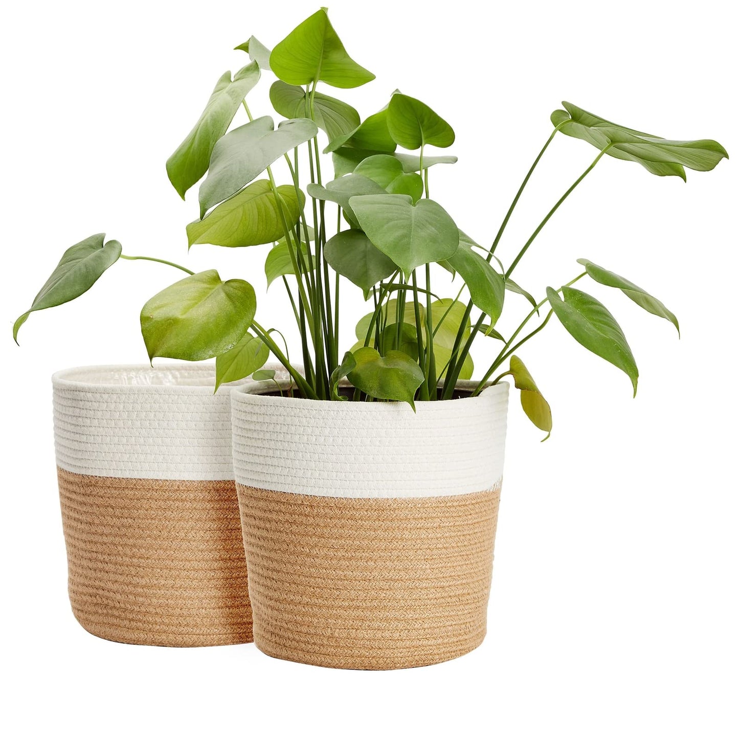 Juvale Plant Basket - 2-Pack, 11 in Brown Jute, Bohemian - Cotton Rope Planter with Liner & Woven Indoor Plant Basket with Plastic Liner