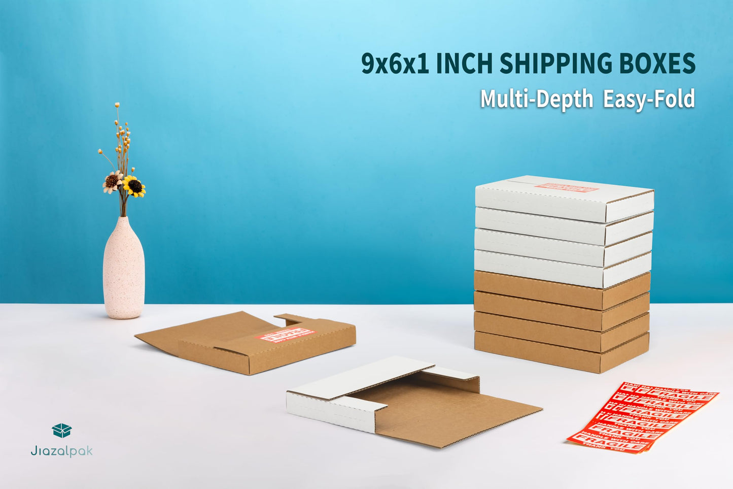 Jiazalpak 9x6x1 Inch Shipping Boxes, Brown Corrugated Cardboard, Multi-Depth DVD Mailer Boxes with Fragile Stickers, 25 Pack