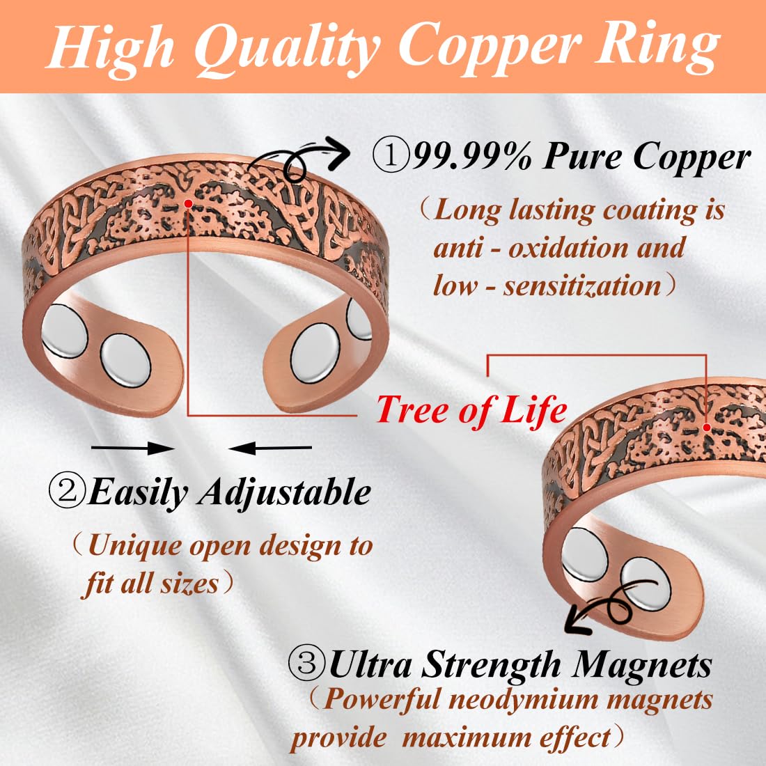 Cigmag 2PCS Copper Rings for Women Adjustable Solid Pure Copper Ring with Present Box (Tree of Life)