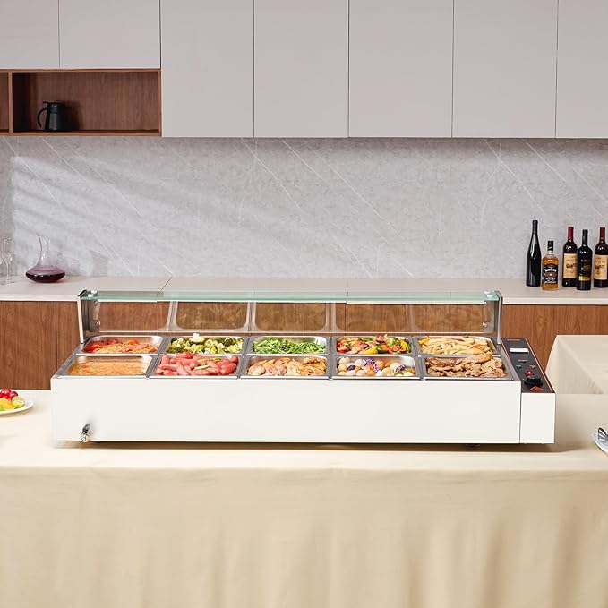 VEVOR 10-Pan Commercial Food Warmer, 10 x 12QT Electric Steam Table with Glass Cover, 3200W Countertop Stainless Steel Buffet Bain Marie w/Thermometer 86-185°F Temp Control for Catering, Restaurants