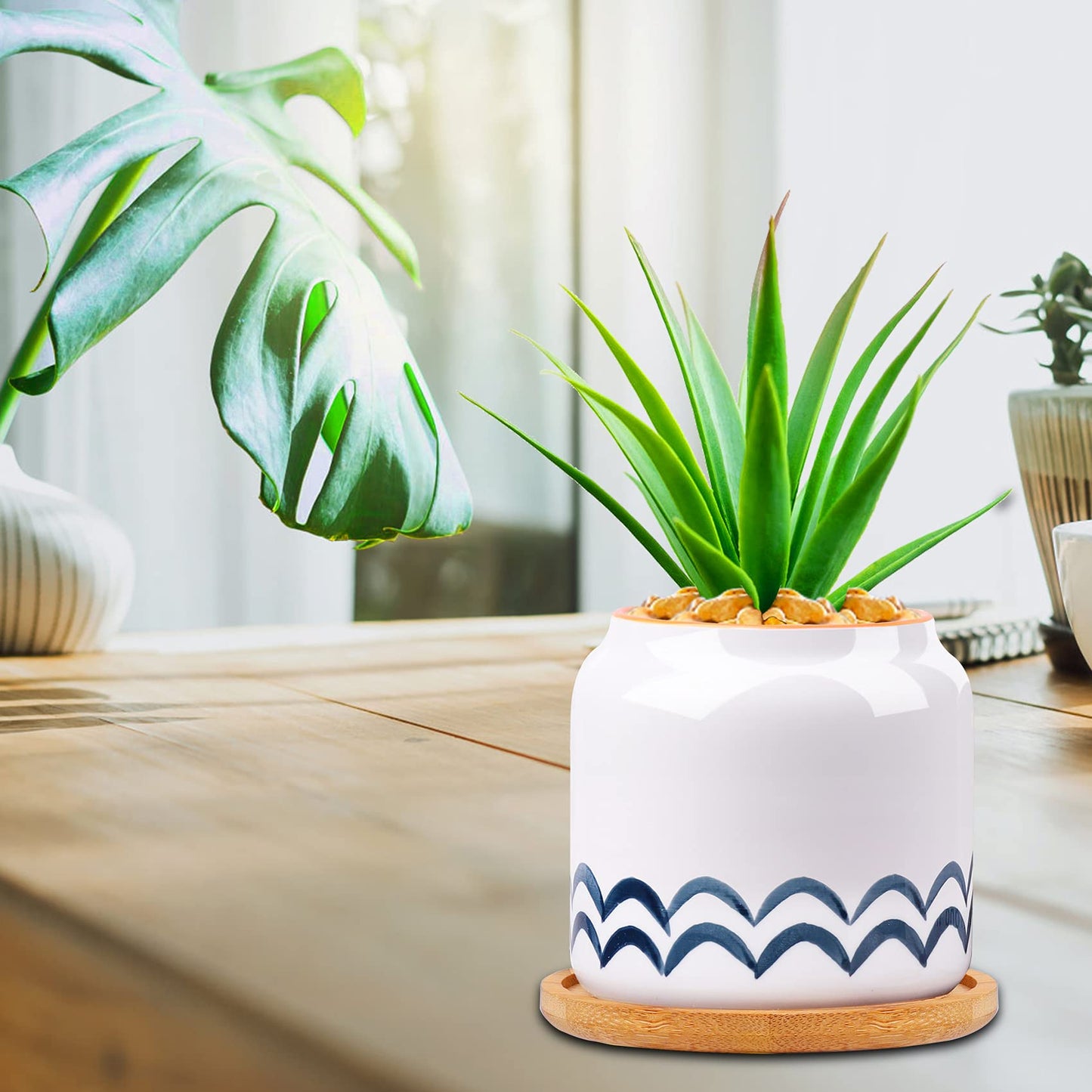 Succulent Pots, 3.5 Inch Small Succulent Planters with Drainage for Plants Live, Hand-Painted Ceramic Pot Flower Pots Bonsai Pots with Bamboo Tray, Unique Gifts for Women/Men, 4 Pack (Abstract)