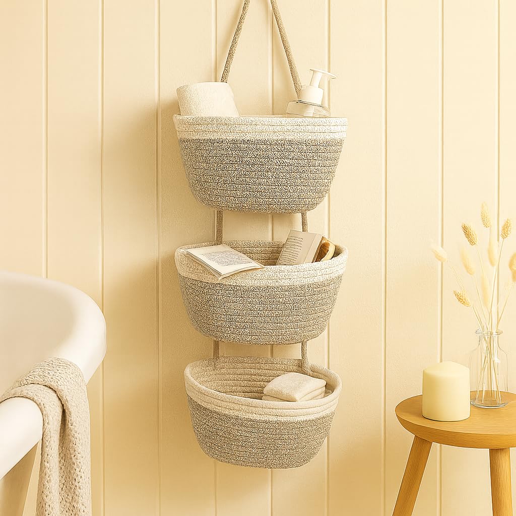 Japanese Handmade Cotton Rope Hanging Basket Organizer – 3 Tier Wall boho Storage Organizer for Toys , Snacks & Décor – Eco-Friendly Coiled Weaving Craft, Housewarming & Shower Gift (White&beige)
