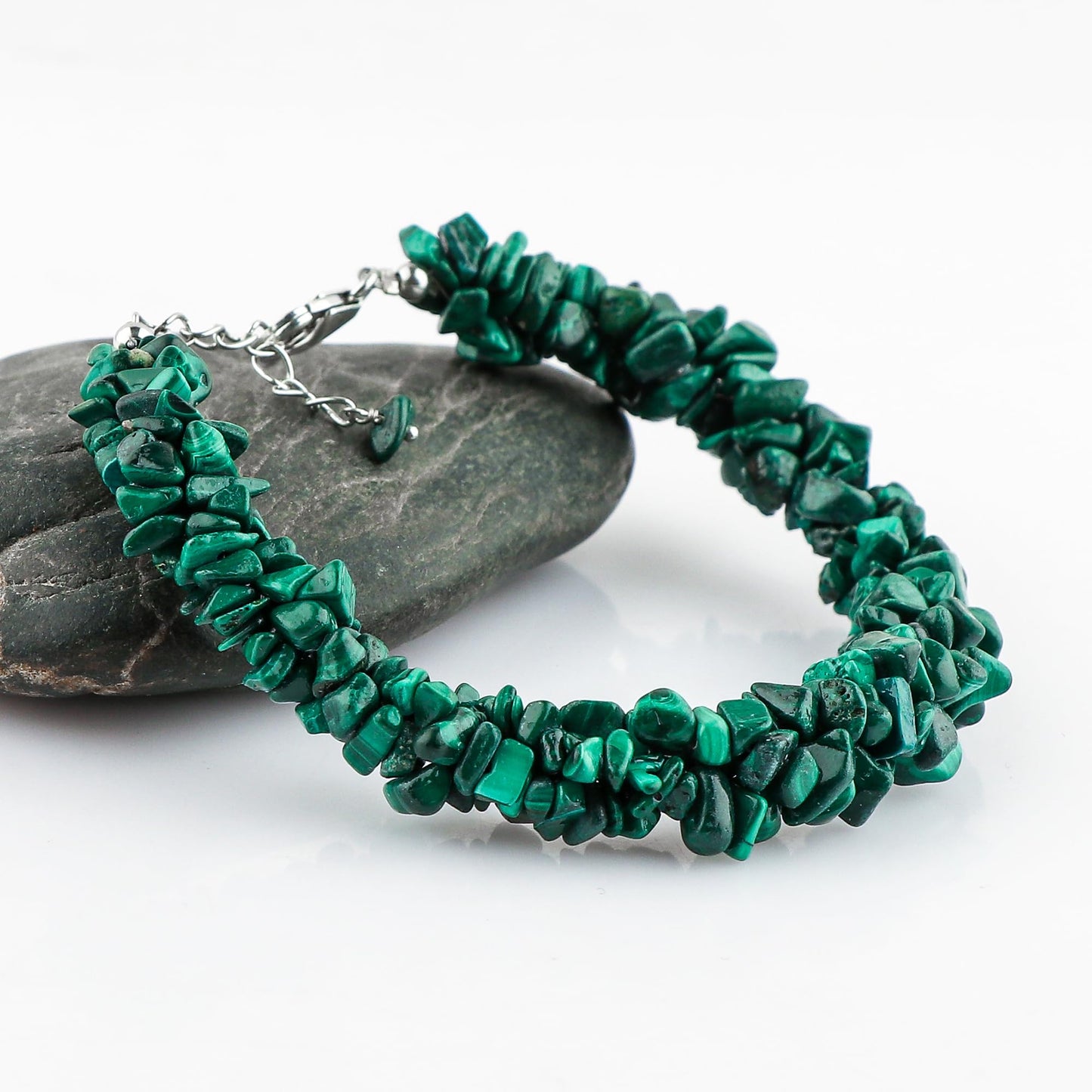 CRYSTALIS Natural Malachite Beads Braided Rope Bracelet, Chips Nuggets Beaded Gemstones, Chakra Healing Stones, Gift Giving Womens Jewelry, 925 Sterling Silver Bracelet 8 inch