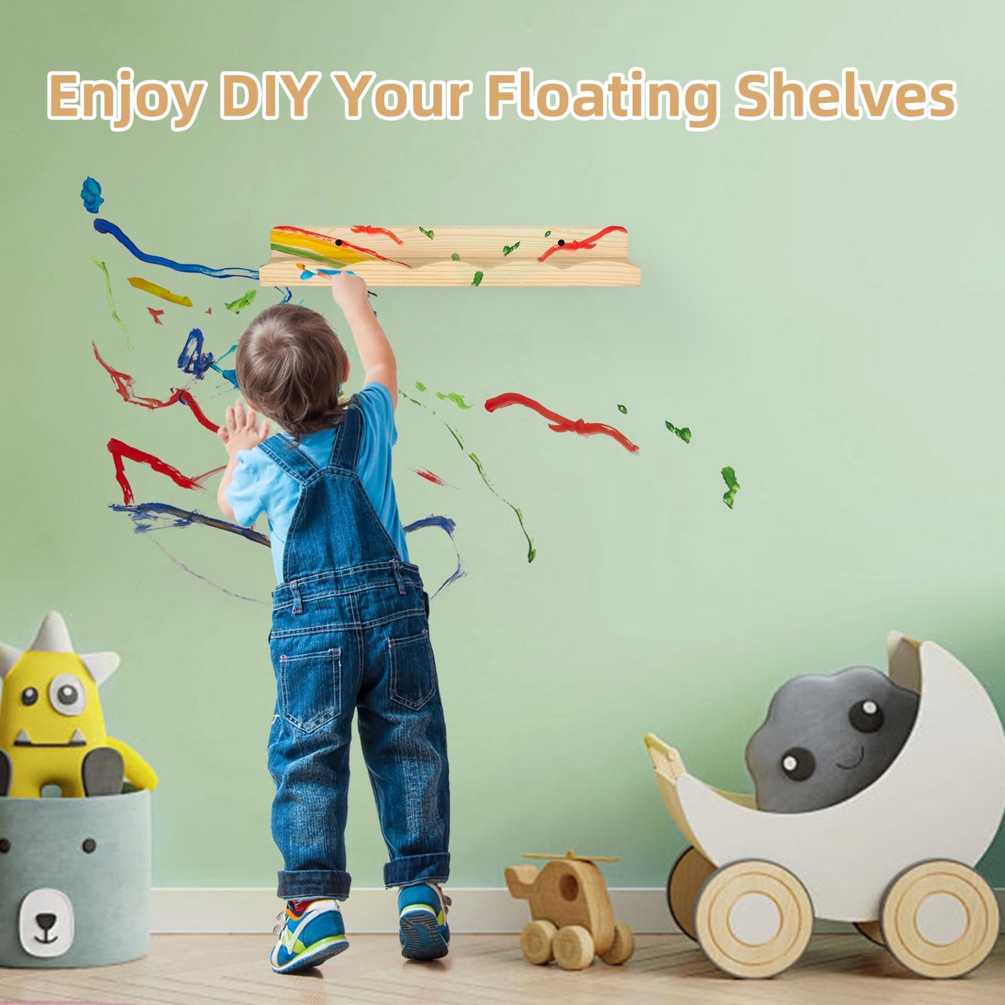 storenization Floating Book Shelves for Wall, 16.5" Natural Wood Nursery Shelves for Book Storage, Solid Pine Wooden Floating Wall Bookshelf for Bedroom Living Room, Set of 2+1, Unfurnished - DIY
