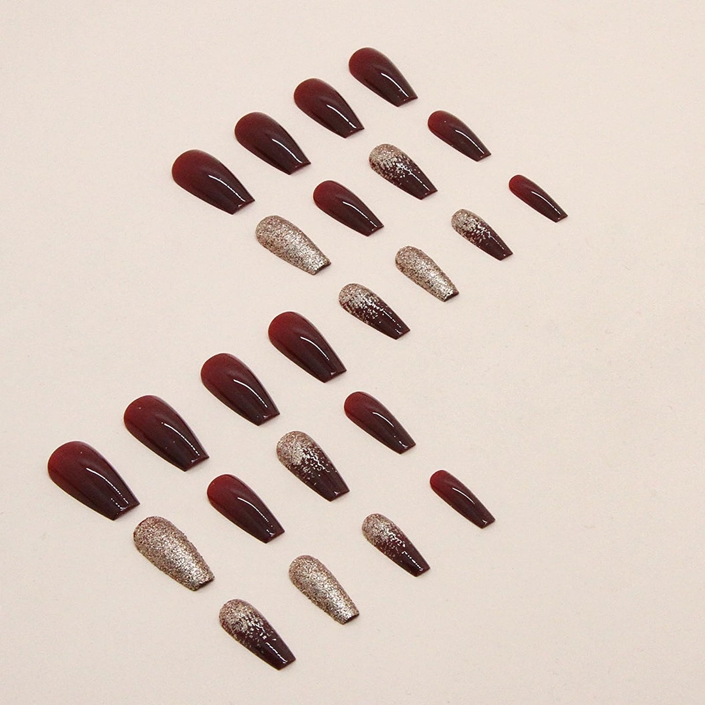 MISUD Press on Nails - Long Coffin Fake Nails with Wine Red, Acrylic Bling Gold Glitter Burgundy Design 24 pcs