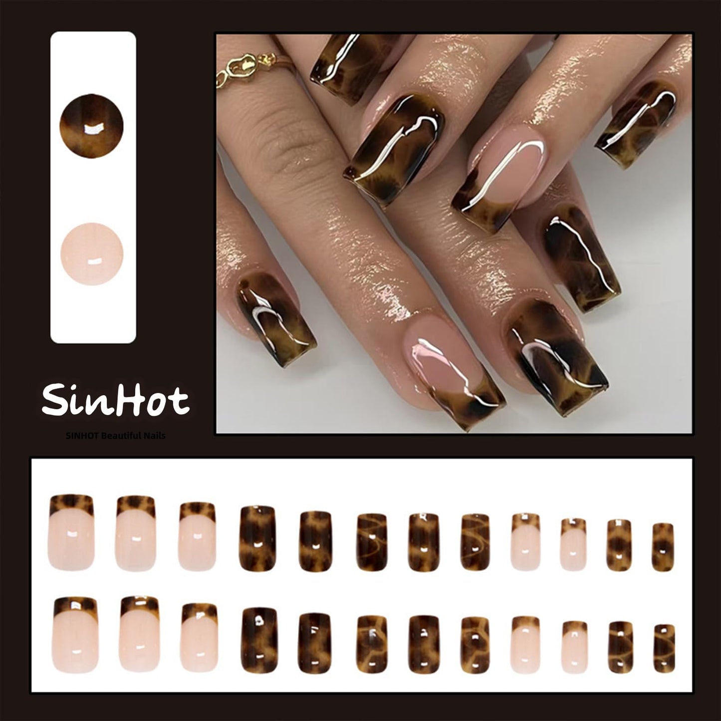 SINHOT Press on Nails - Short Square Fake Nails, Glossy Finish, Fall French Tip & Autumn Tortoise, DIY Artificial False Nail Art - 24 Pcs Nail Kit with Glue
