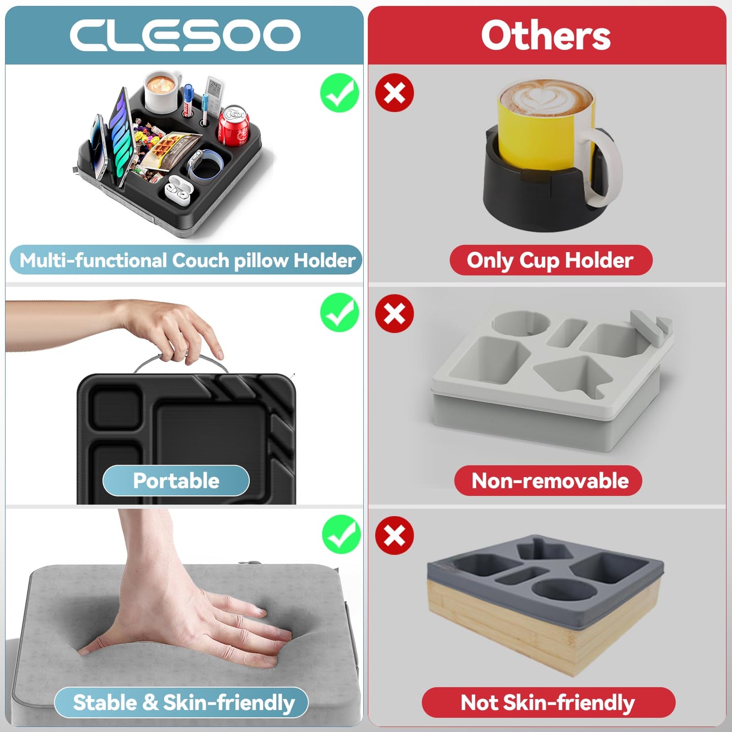 Couch Cup Holder Tray Couch Cup Holder Pillow Bed Tray Snack Sofa Bed Caddy Organizer Beach Sofa Drink Holder Anti-Spill Portable Snack Caddy Couch Remote Holder for Phone Pad Kindle Beverage Black