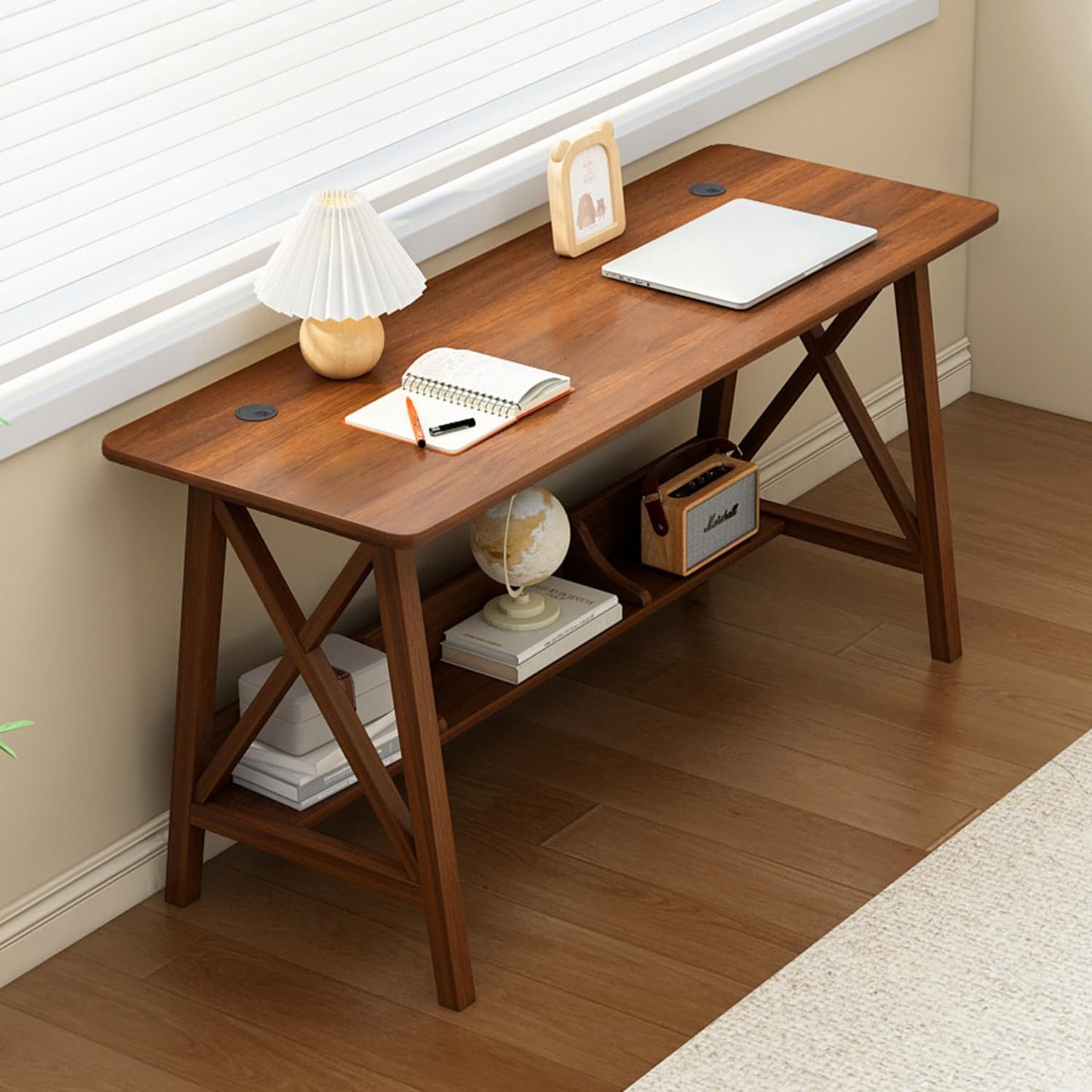 NELYE Extra Long Desk with Bookshelf - Wooden Home Office Work Study Table, Writing Computer Workstation with Storage Shelf in Wanut, 47" Wx16 Dx30 H