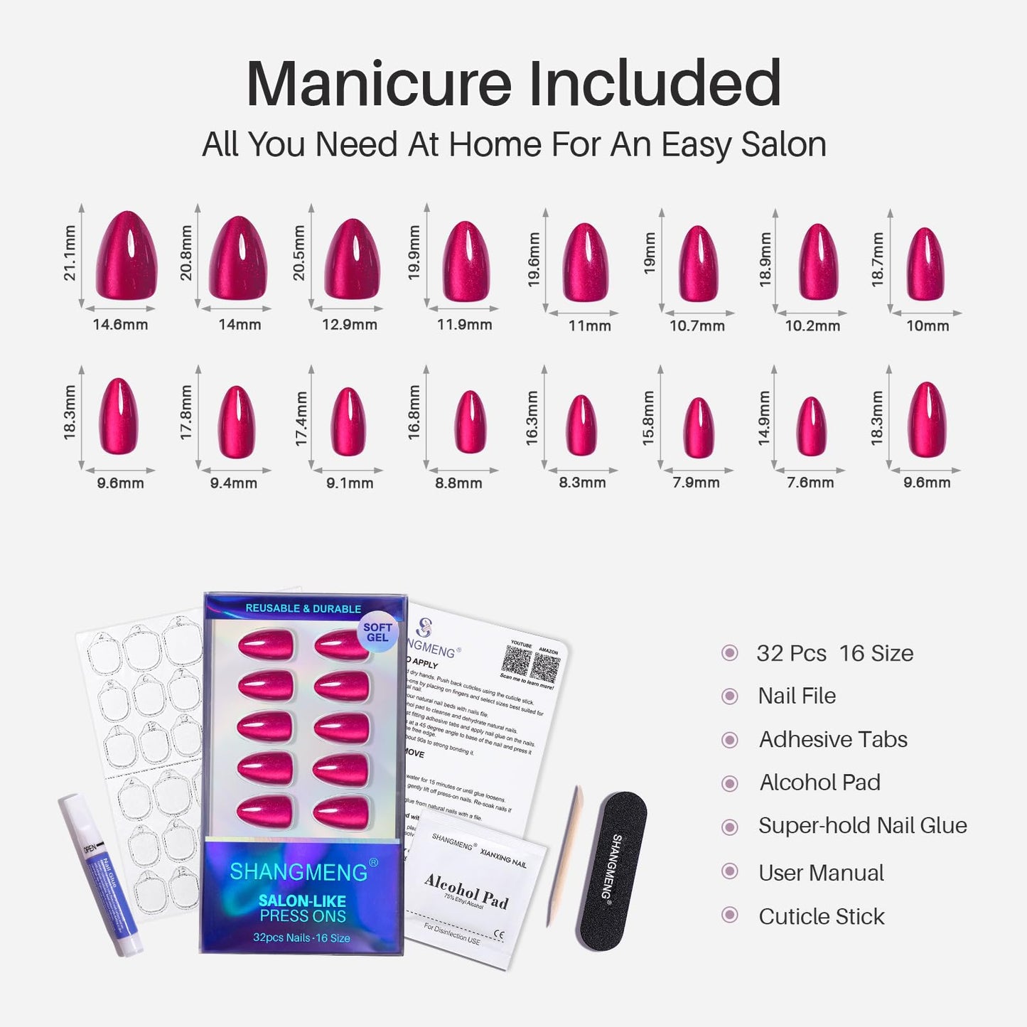 Burgundy Press on Nails Short - SHANGMENG Soft Gel Cat Eye Press on Nails Almond for Women Gift, Glossy Glue on Nails in 16 Sizes - 32 Reusable Fake Nails Kit with Glue, Noir Berry