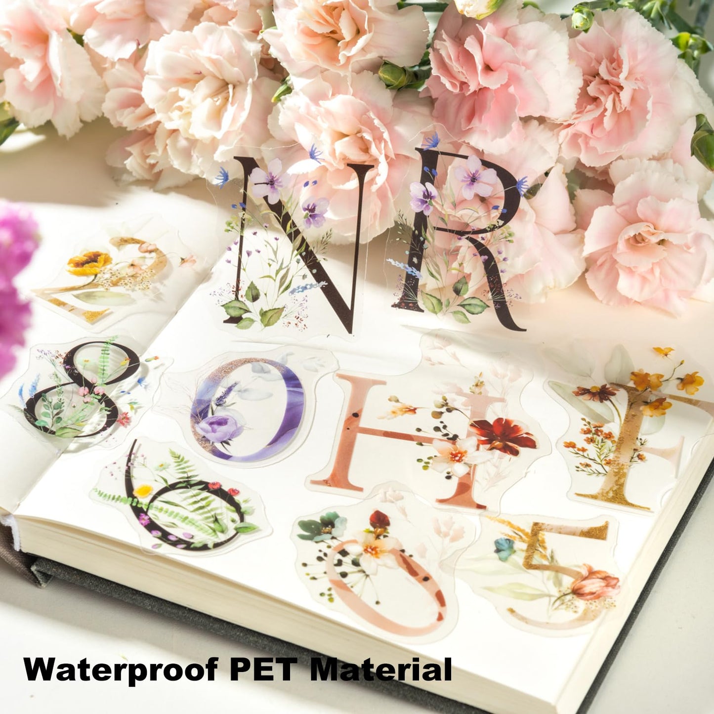 Miyouluna 216PCS Floral Alphabet & Number Stickers Set, Waterproof Letter PET Stickers for Scrapbooking, Journaling, DIY Crafts, Card Making