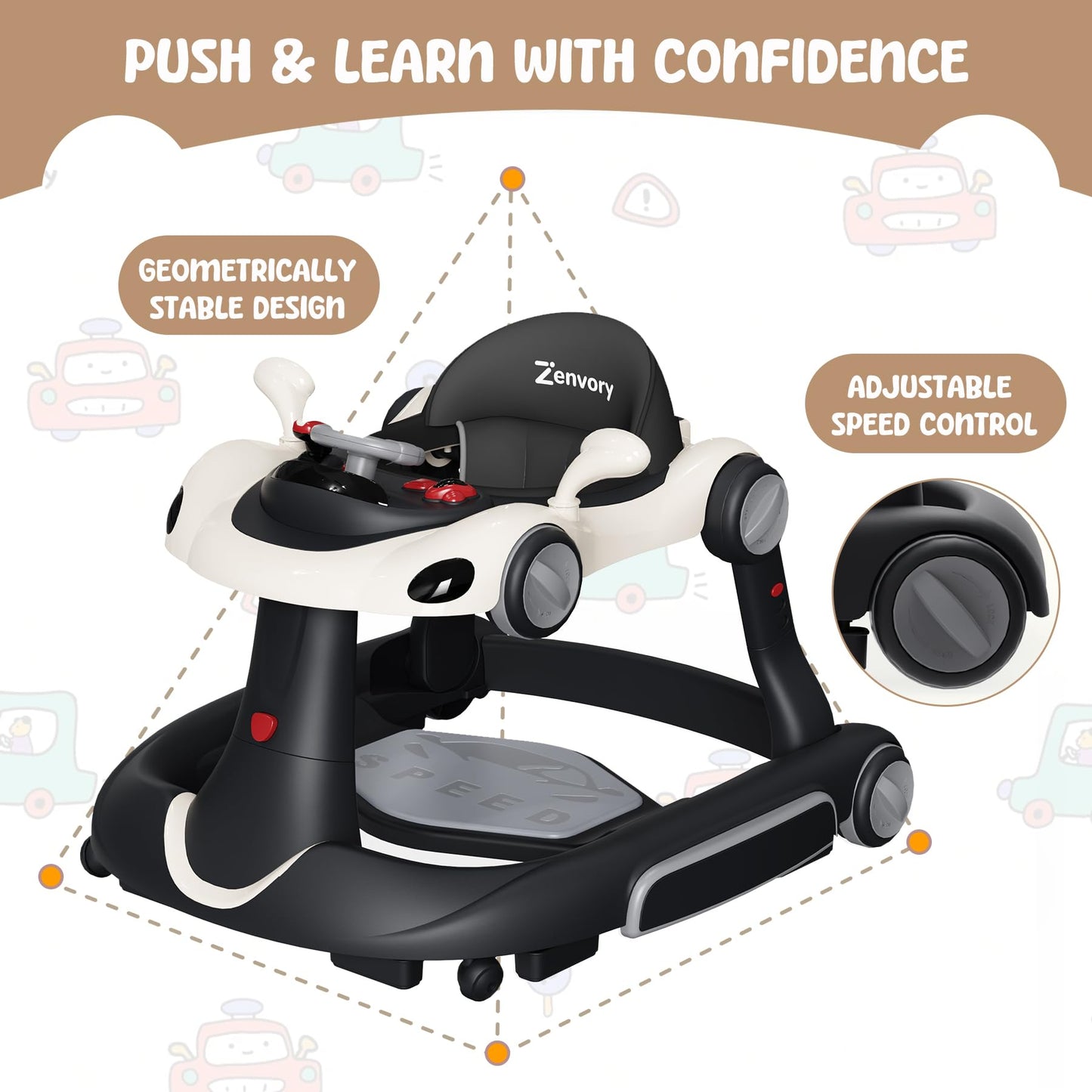 6 in 1 Foldable Baby Walker, Activity Baby Walker-Baby Bouncer, Rocker, Activity Center,Push Walker,Detachable Trampoline Mat, Adjustable Speed Rear Wheels and Height,Music & Lights,Ages 6-18 Months