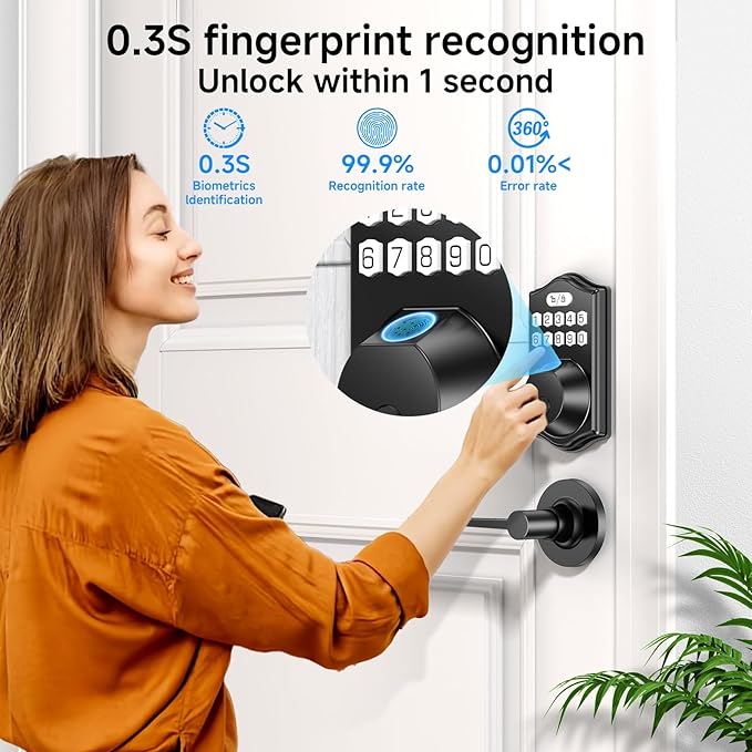 keyless Entry Door Lock deadbolt with Handle Set- Front Door Fingerprint Smart Locks with 2 Lever Handles-Keypad Code Deadbolt -App Control,Auto Lock,Easy to Install