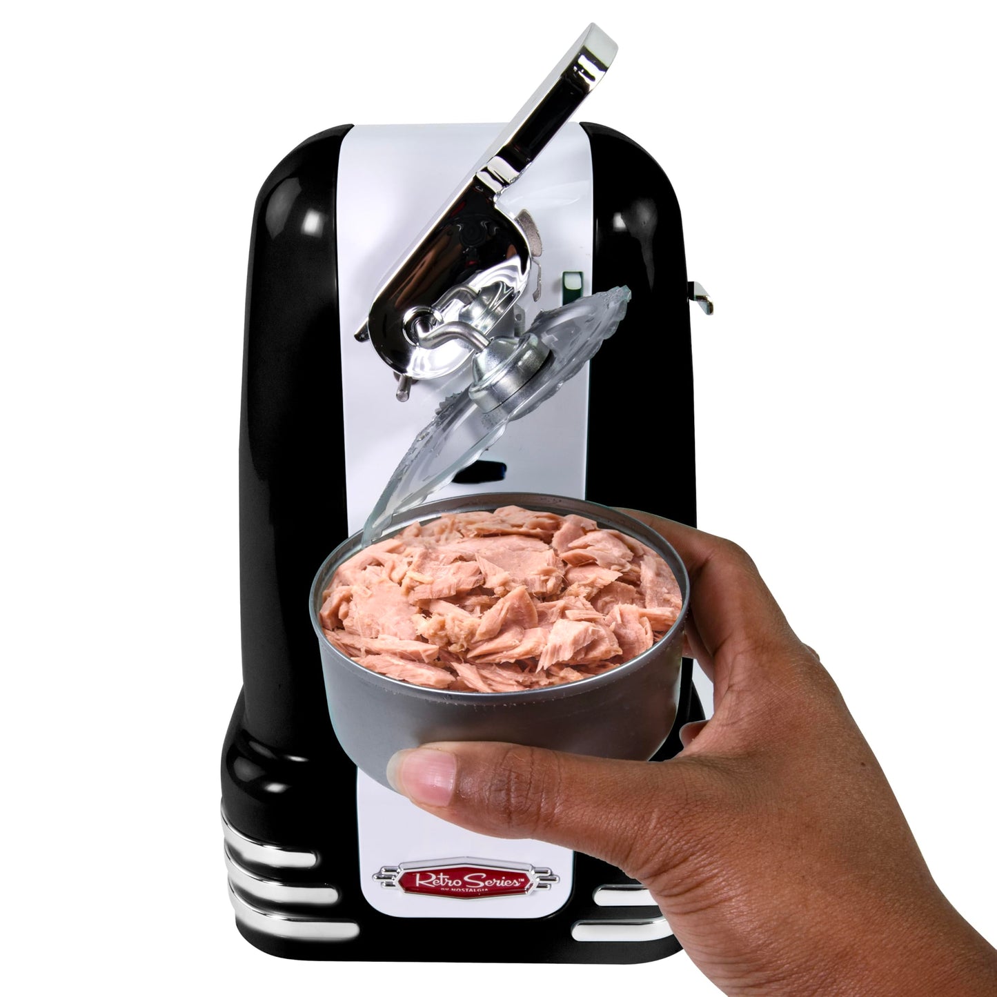 Nostalgia Retro Electric Can Opener for Kitchen with Magnetic Lid Remover, Knife Sharpener, and Soda or Beer Bottle Opener, Black