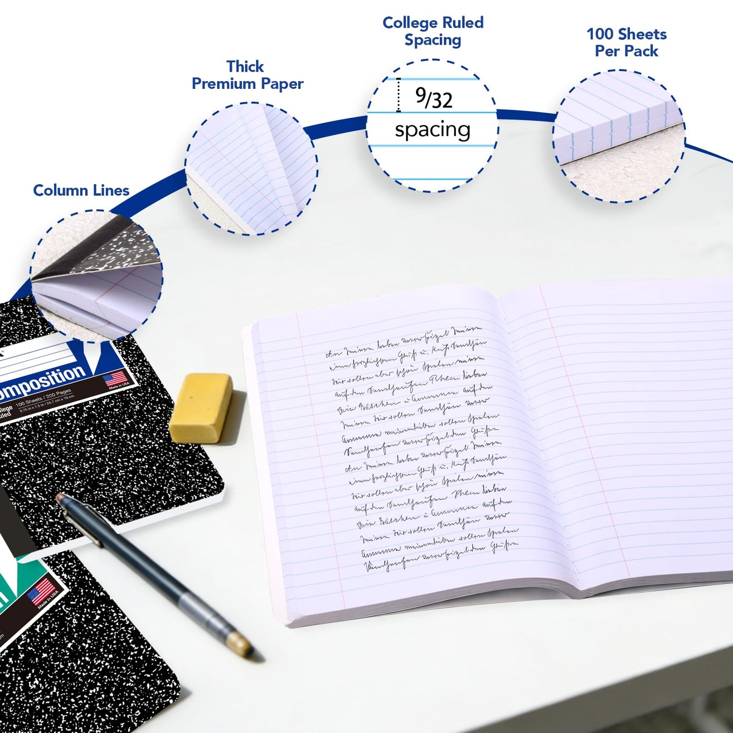 KAISA Composition Notebooks 100Sheets Comp Book, College Ruled, 9.75x7.5inch, Classic Marble Primary Composition Notebook, 20Pads, C10001C