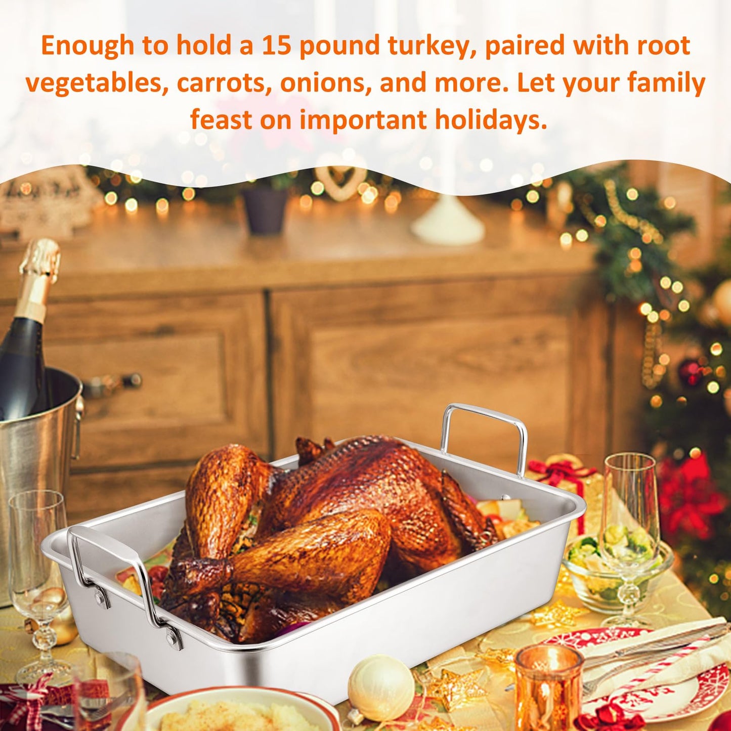 14 Inch Roasting Pan with Rack, Leonyo Large Turkey Roasting Pan, Stainless Steel Roaster Pan with Wire Rack Non Stick Baking Pans for Cooking Ham, Chicken, Cake, Lasagna, Casserole