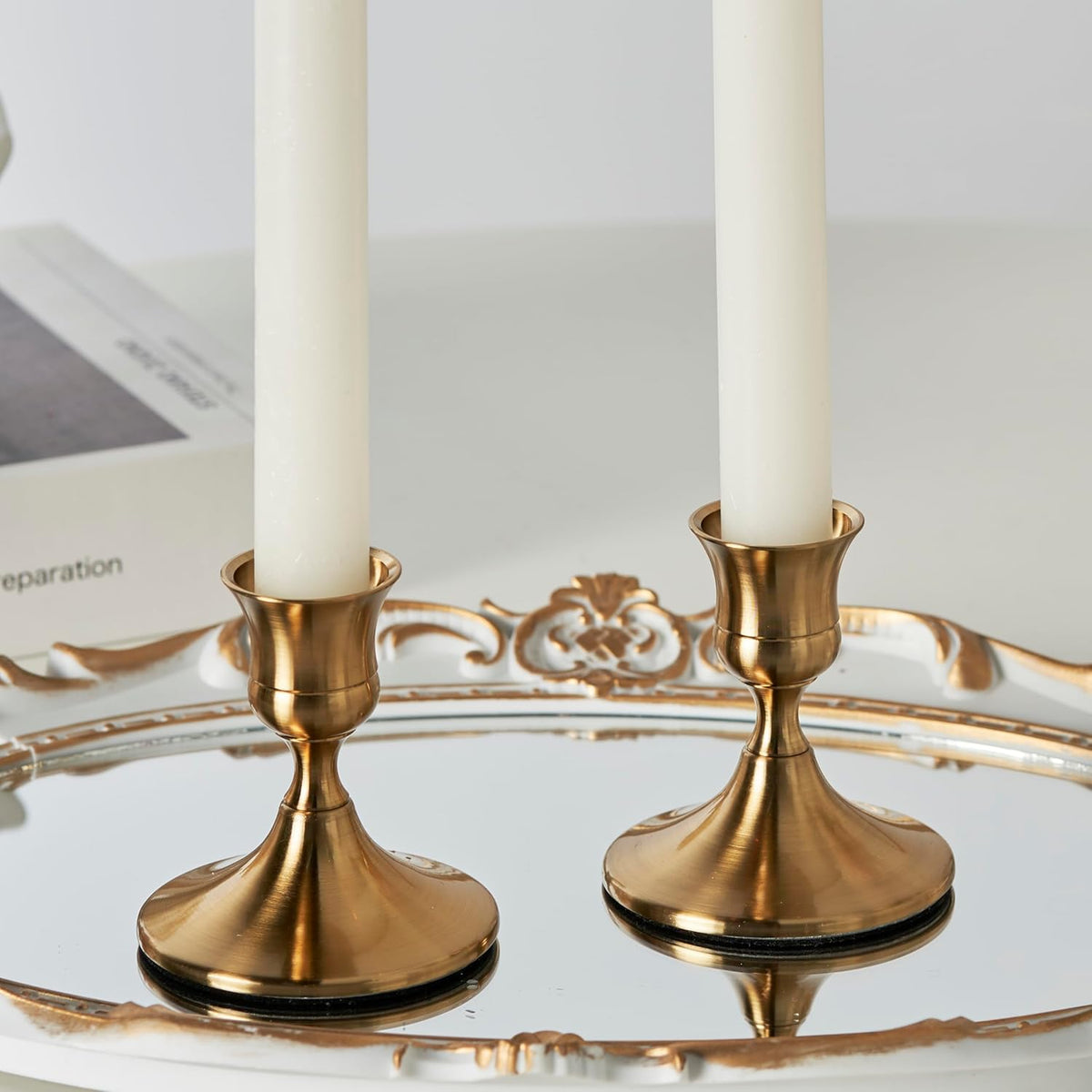 Gold Taper Candle Holder, Brass Candlestick Holders, Vintage Metal for Table Centerpieces Wedding Christmas Decor (Gold, 4 Pcs)
