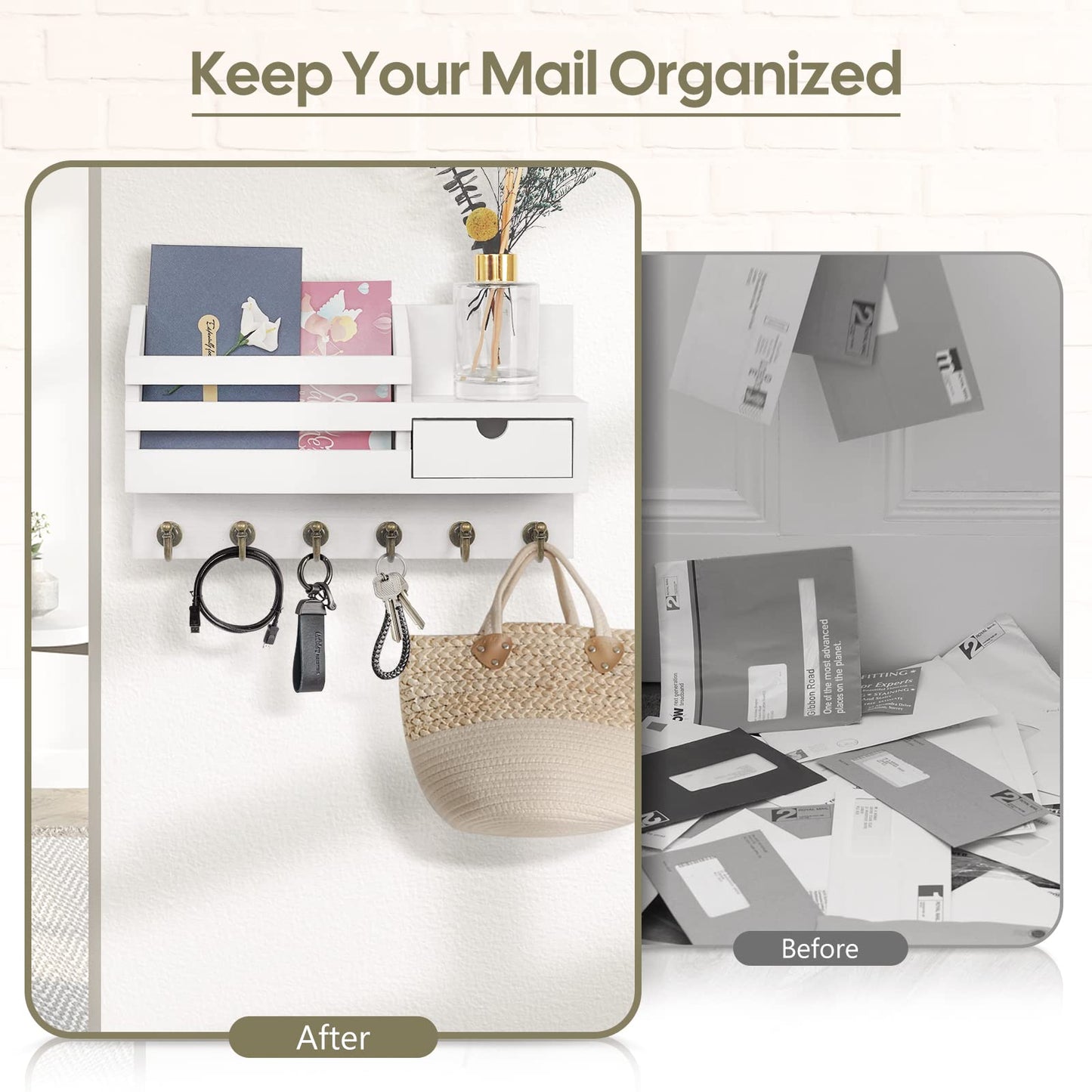 FifthQuarter Key Holder Wall Mount: Key and Mail Holder for Wall with 6 Hooks and Storage Drawer, Easy Installation Key Rack for Entryway Home Decor (A-White)