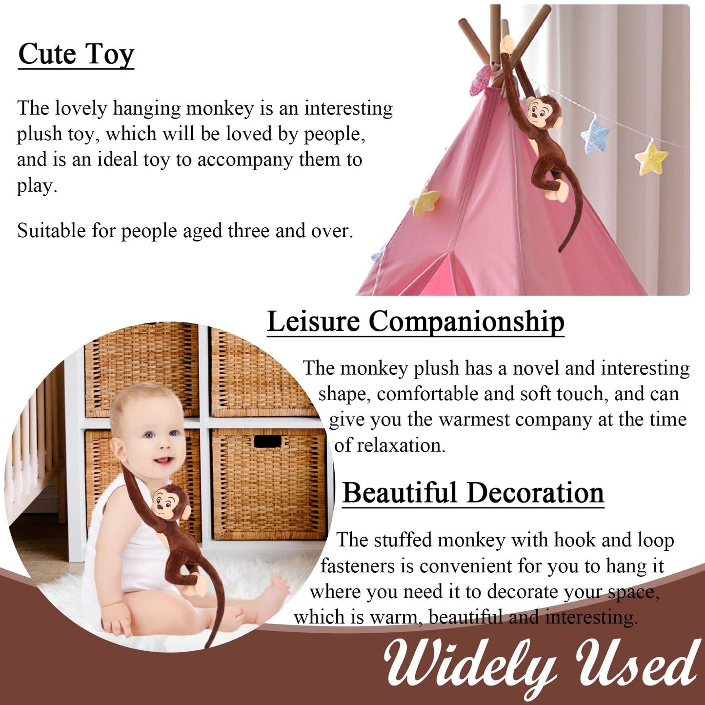 zhidiloveyou 4PCS Hanging Monkey Stuffed Animals Plush Cute Brown Monkey Toy for Kids, 27.6"