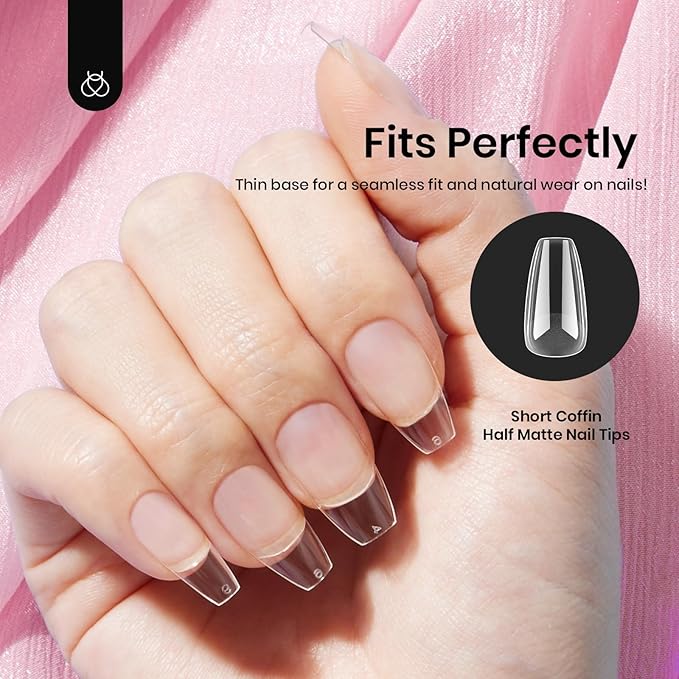 Beetles Short Coffin Nail Tips 576 PCS Half Matte Pre-shape Short Coffin Fake Nails 12 Sizes Full Cover Acrylic False Nails Nail Extension DIY Manicure Gifts for Women