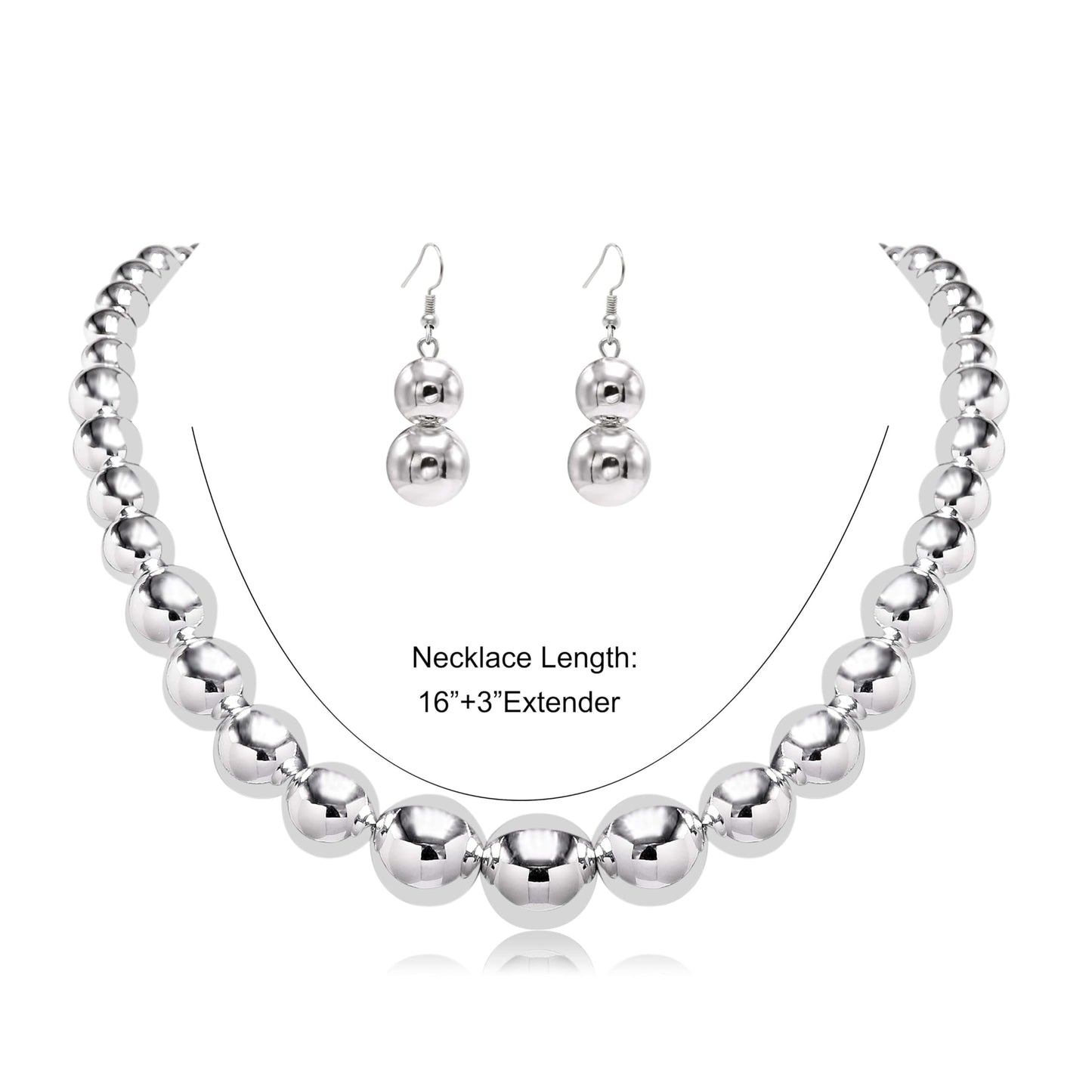 Cryshimmer Silver Bead Choker Necklace for Women Handmade Big Beaded Ball Necklace Earring Set Costume Jewelry (Silver Plated)