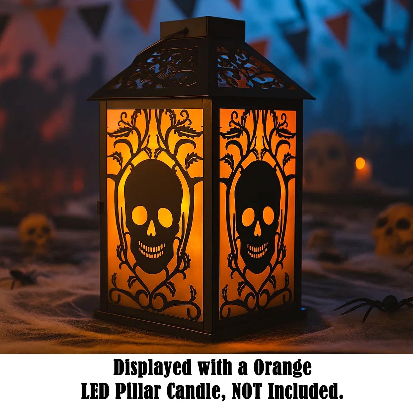 VELA LANTERNS 11.5" Halloween Skull Candle Lantern - Decorative Spooky Tabletop Light for Haunted House, Gothic Home, Front Porch & Party Decor, Metal with Frosted Glass (Candle NOT Included)
