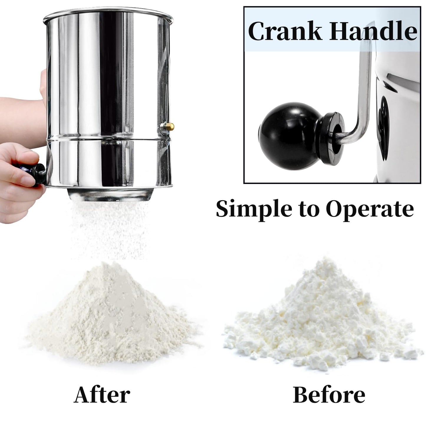 Pumtus 3 Pack Flour Sifter Set, 5 Cup Hand Crank Sifter with 2 Pieces Baker's Dusting Wands, Stainless Steel Fine Mesh Baking Sifter with Agitator Rotary, Powdered Sugar Duster for Baking Dessert